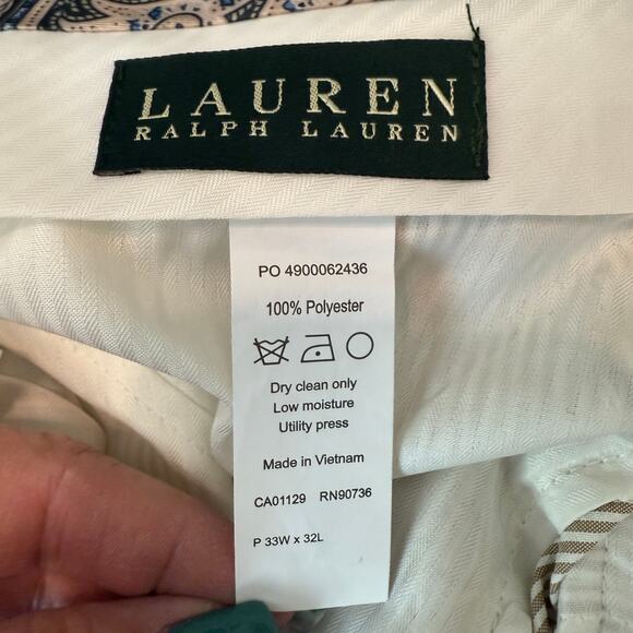 Men's Lauren Ralph Lauren Tan White Striped Seersucker‎ Dress Pants 33 x 32 NEW - Picture 5 of 11